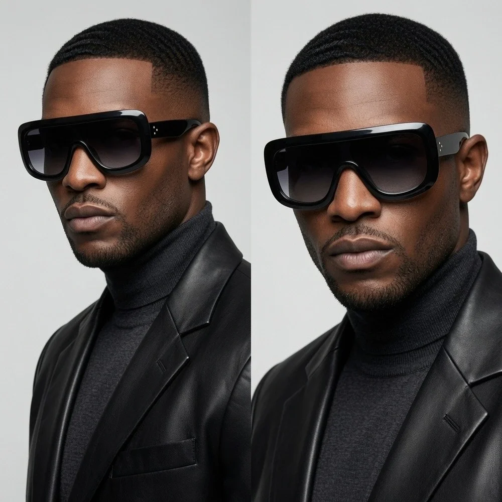Mens Oversized Black Shield Sunglasses Flat Top Gradient Gray Lens‎ Square Frame